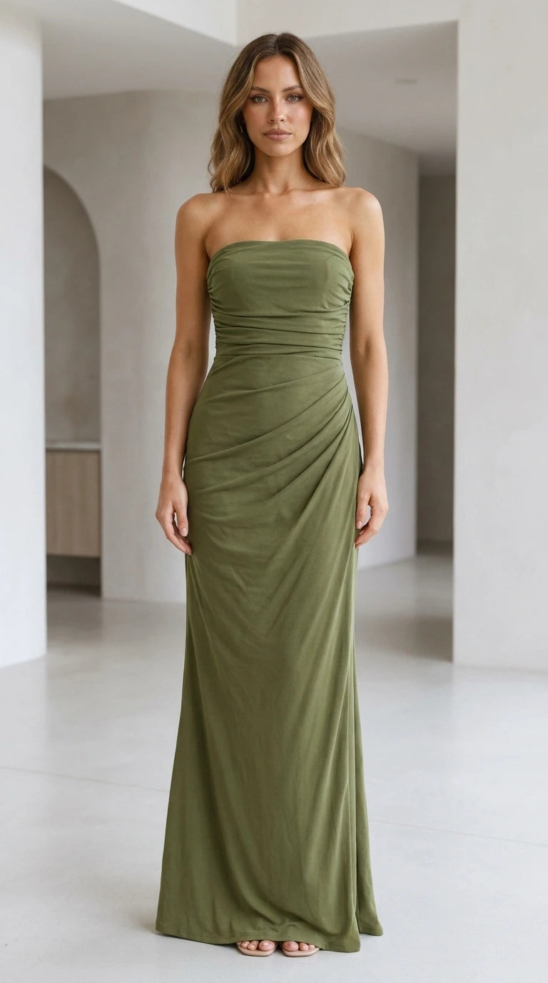 Front view of woman wearing strapless ruched drape maxi dress in olive green