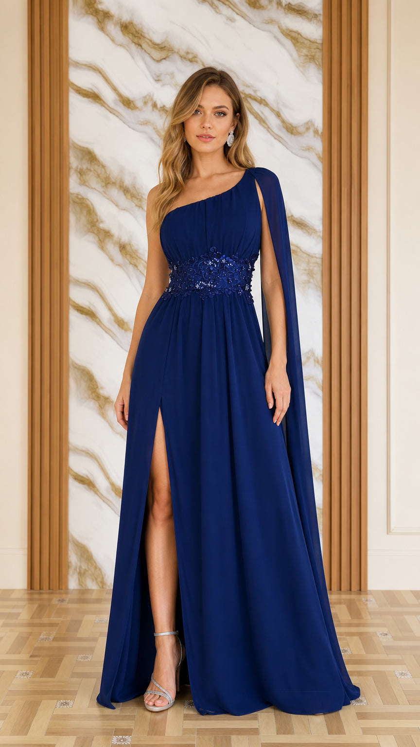 Front view of woman wearing navy blue one-shoulder cape evening dress