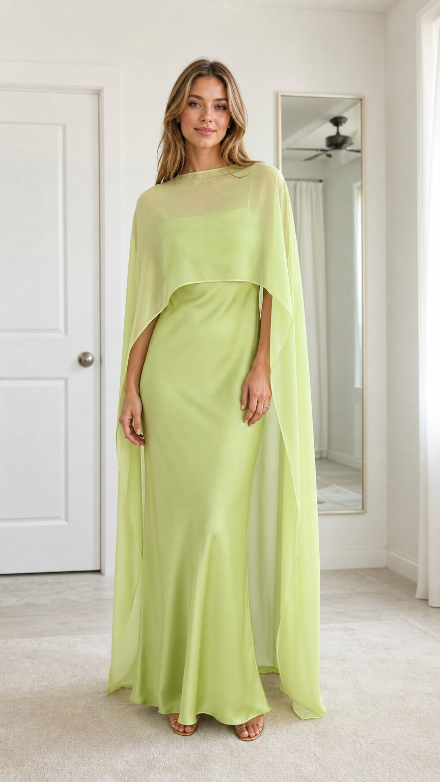 Front full view of woman wearing Lime Green chiffon cape satin maxi dress