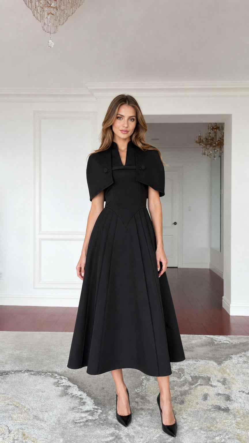 Front full view of black cape midi dress