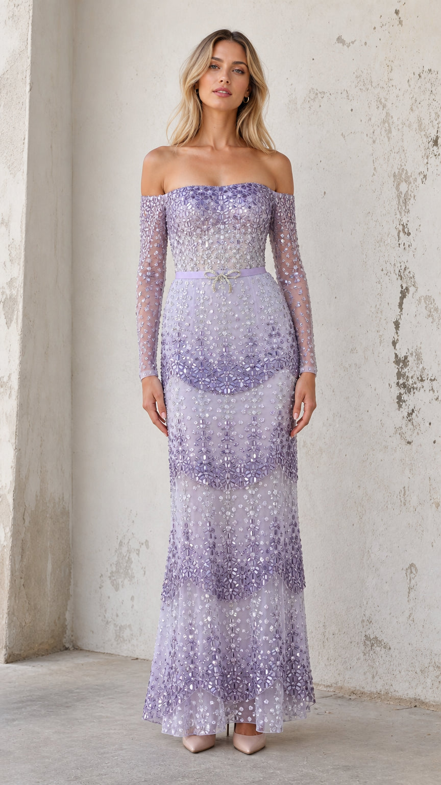 Model wearing lavender off-shoulder embellished evening gown, front view