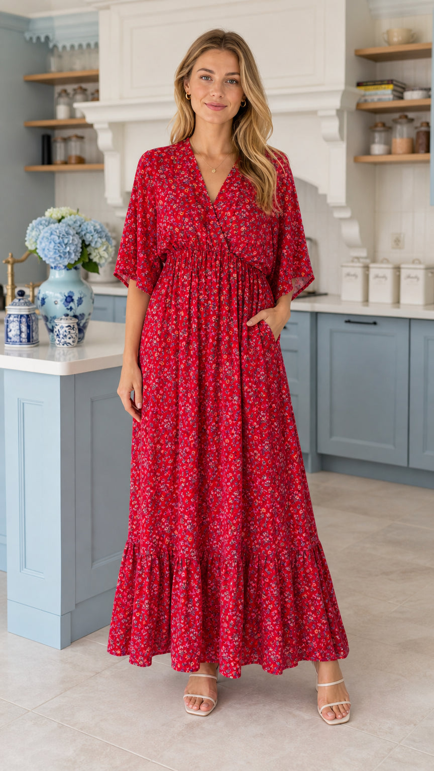 Full front view of model wearing red floral tiered maxi dress with flutter sleeves
