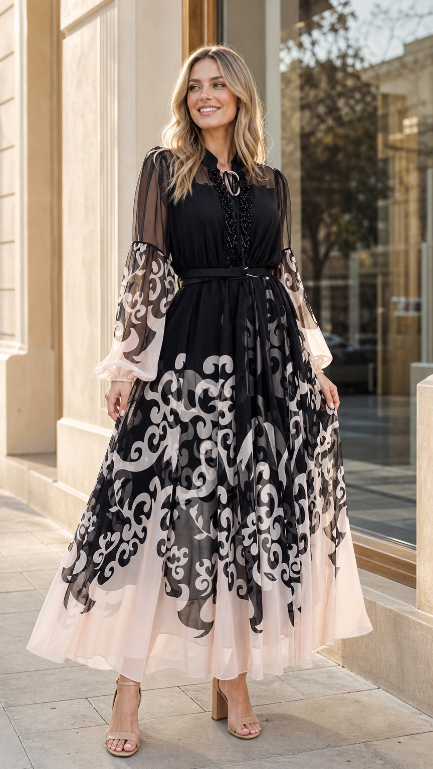 Model wearing black and blush scroll print chiffon maxi dress front view