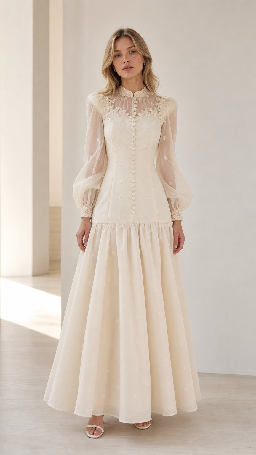 Model wearing Ivory long sleeve lace appliqué drop waist maxi dress front view