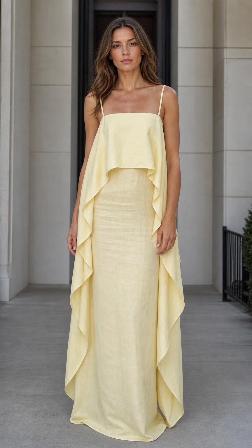 Front view of model wearing the yellow flowing overlay maxi dress