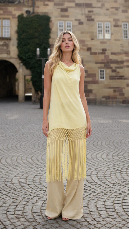 Front view of model wearing yellow boho fringe tunic and wide-leg pants