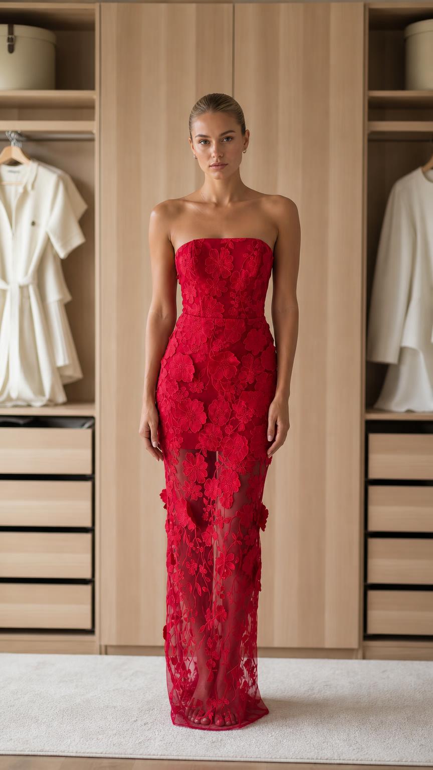 Front view of red strapless floral applique maxi dress