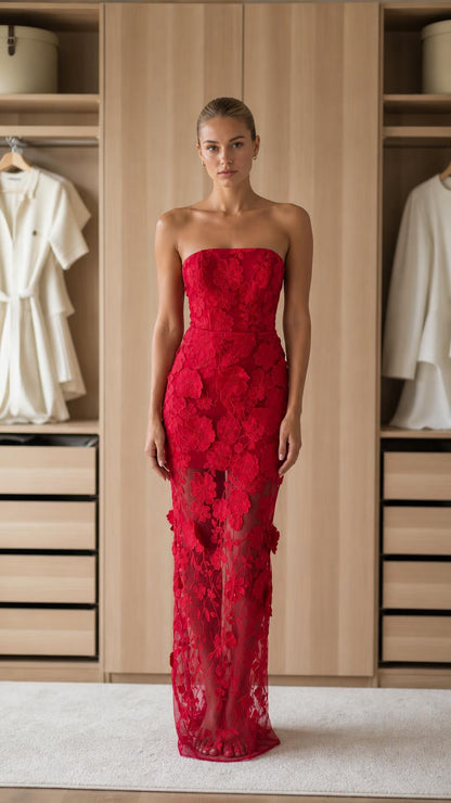 Front view of red strapless floral applique maxi dress