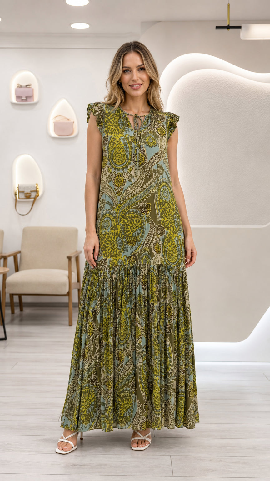 Full front view of model wearing olive green paisley tiered maxi dress with ruffle cap sleeves