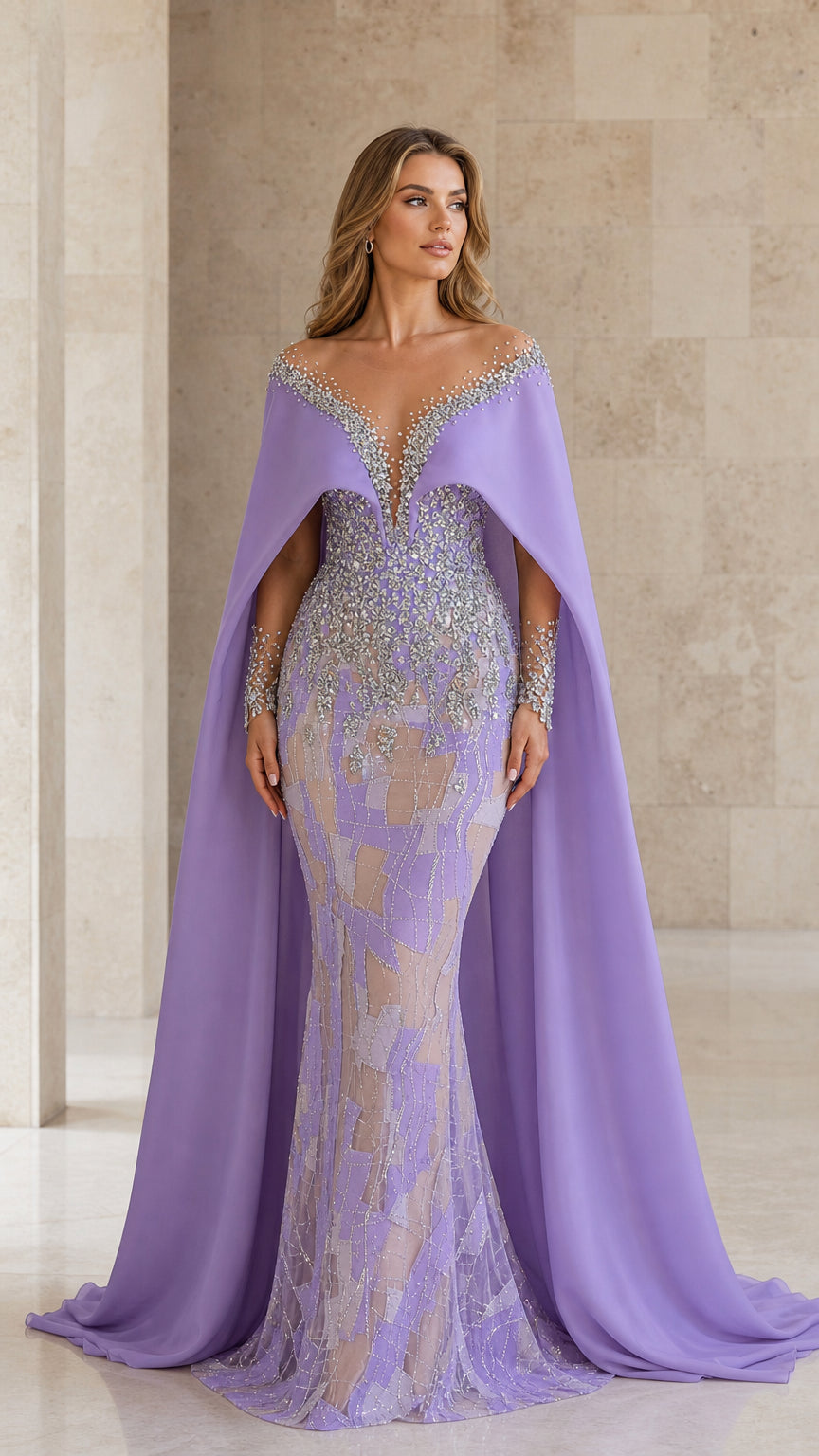 Front view of lavender embellished evening gown with flowing cape and crystal details