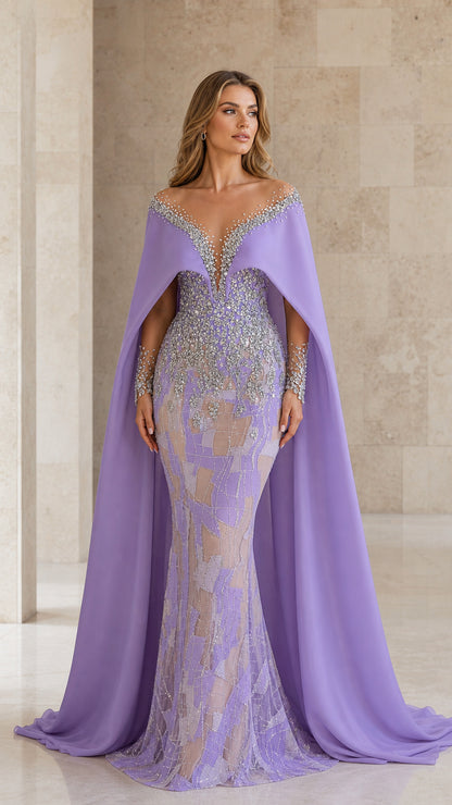 Front view of lavender embellished evening gown with flowing cape and crystal details