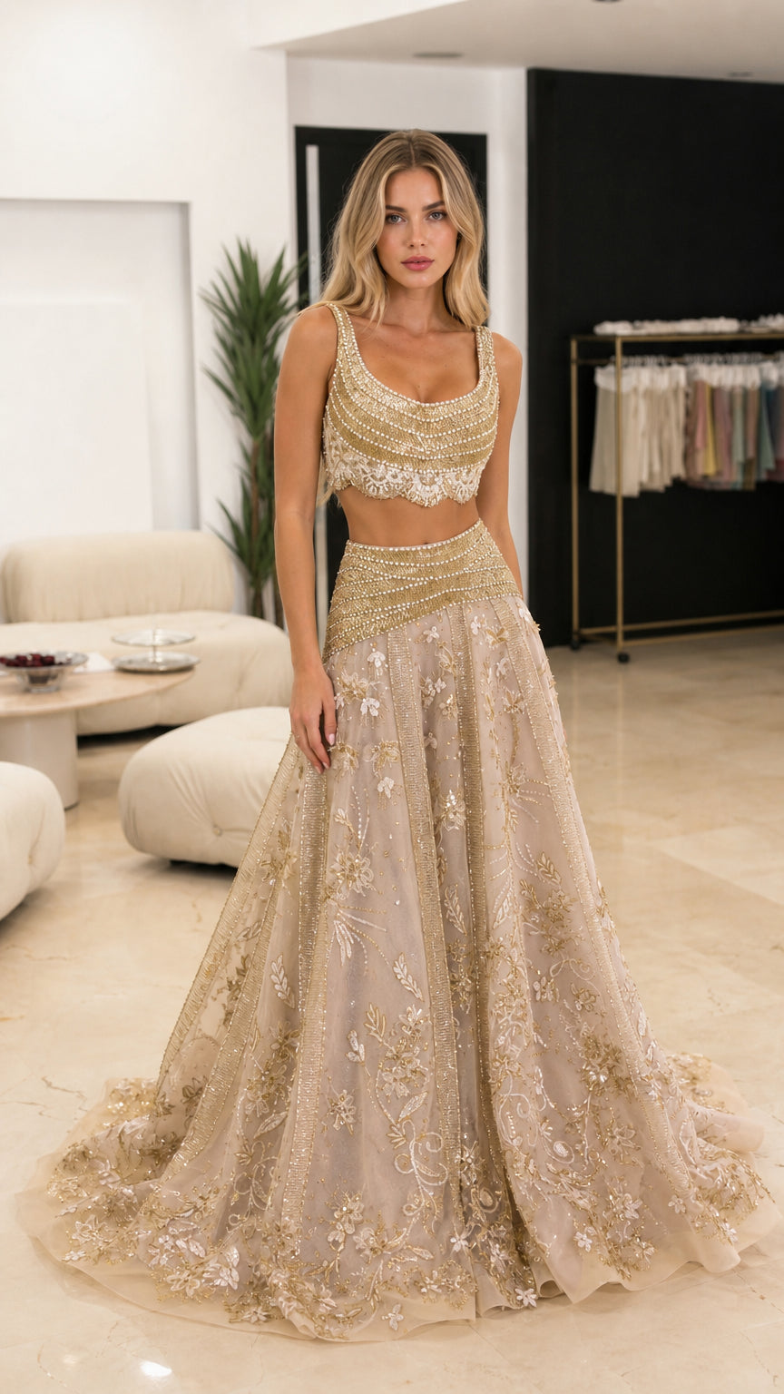 Front view of champagne two-piece embellished gown set