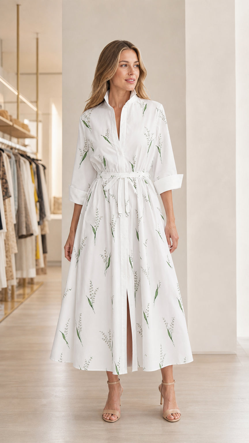 Front view of model wearing white floral midi shirt dress