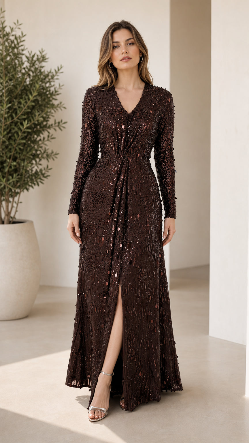 Front view of brown long-sleeve sequin maxi dress