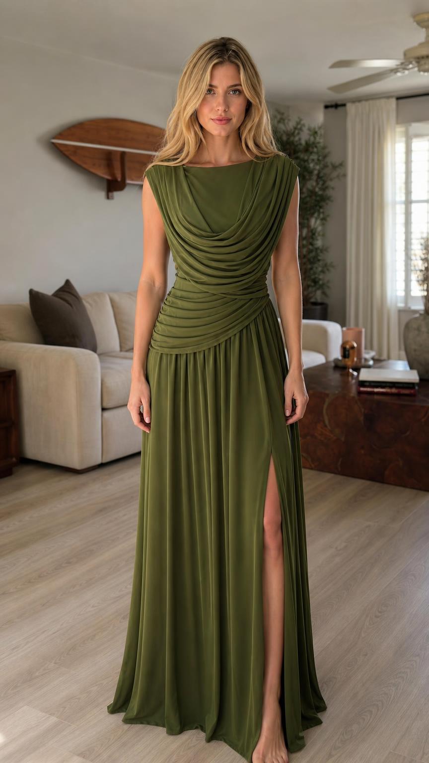 Front view of model wearing olive green draped cowl neck maxi dress with slit