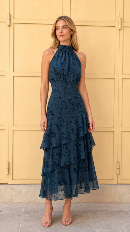 Front view of Dark Teal tiered halter midi dress