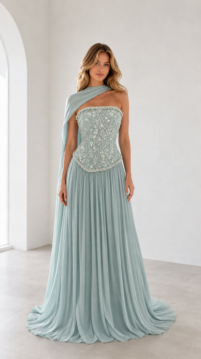 Full front view of sage green one-shoulder beaded corset evening gown