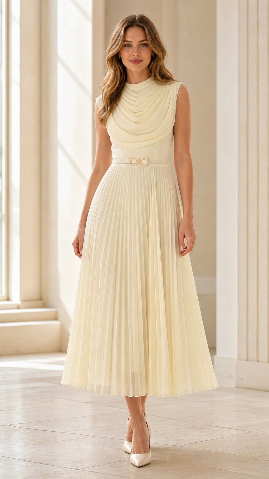 Front view of cream draped cowl neck pleated midi dress