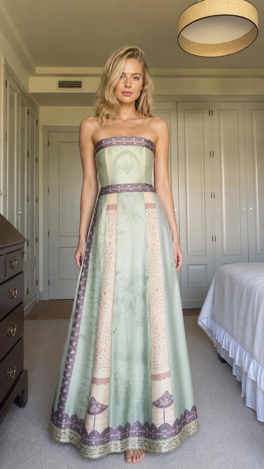 Front view of model wearing sage green strapless printed maxi dress