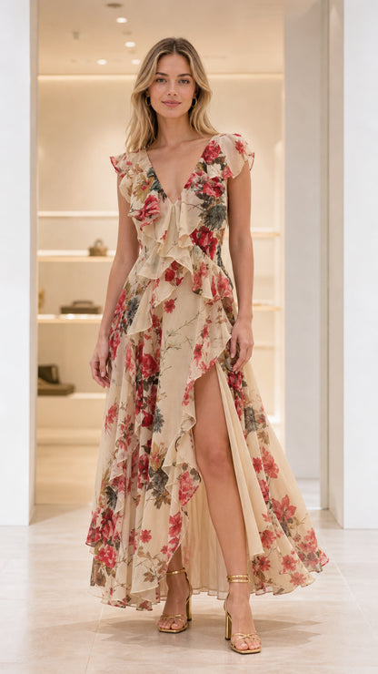 Front view of Champagne Floral ruffle backless maxi dress with plunging V-neck and high leg slit
