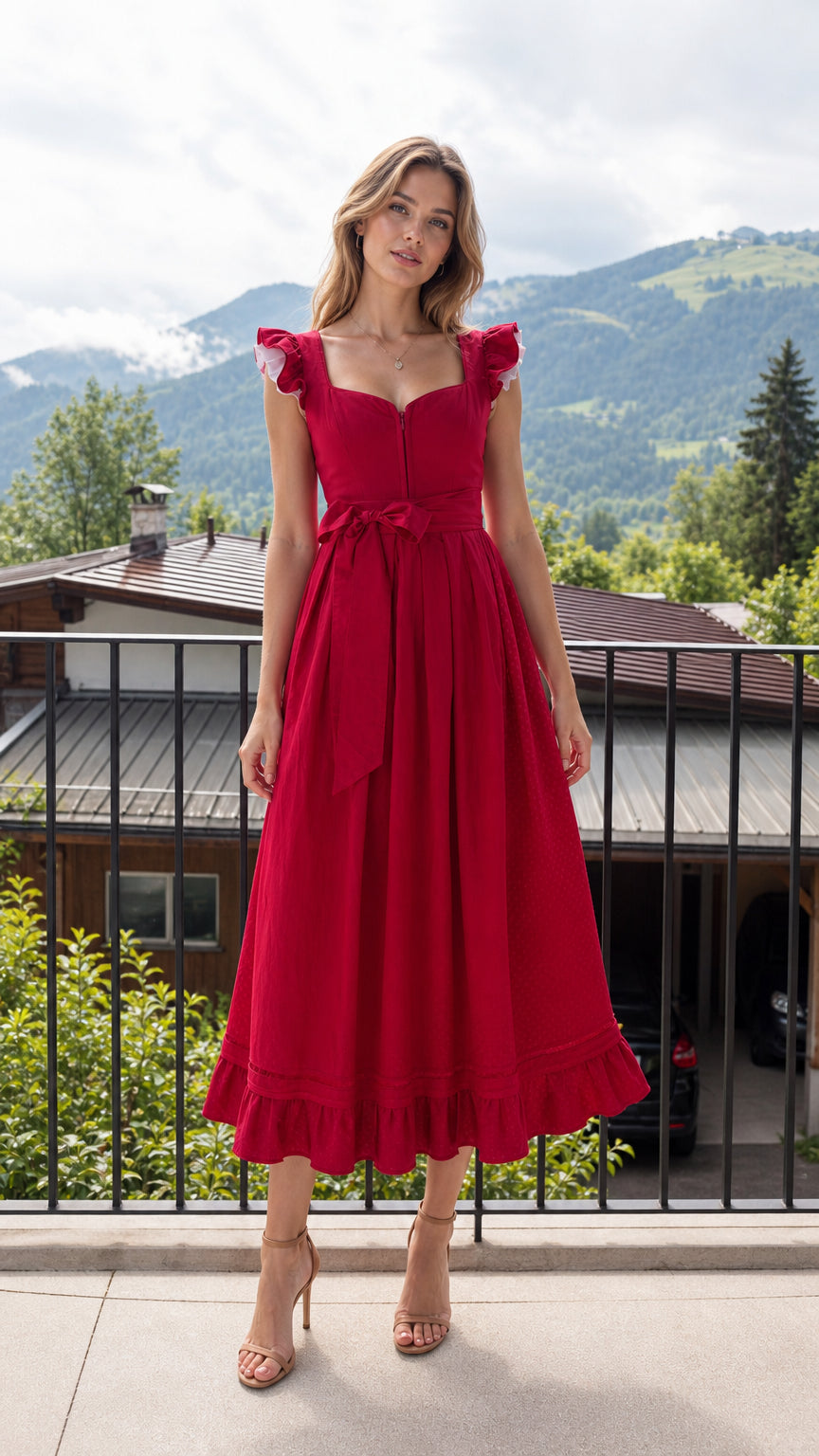 Front view of woman wearing red square neck midi dress with ruffled sleeves