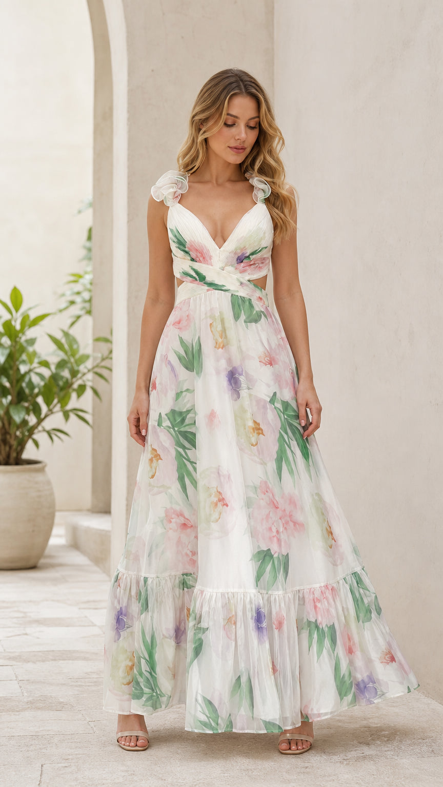Front view of white floral maxi dress