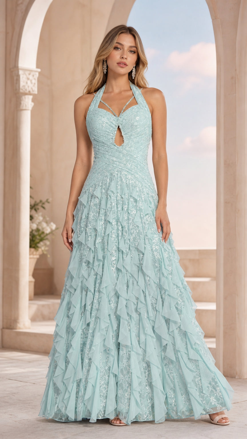 Front view of mint glitter lace halter evening maxi dress