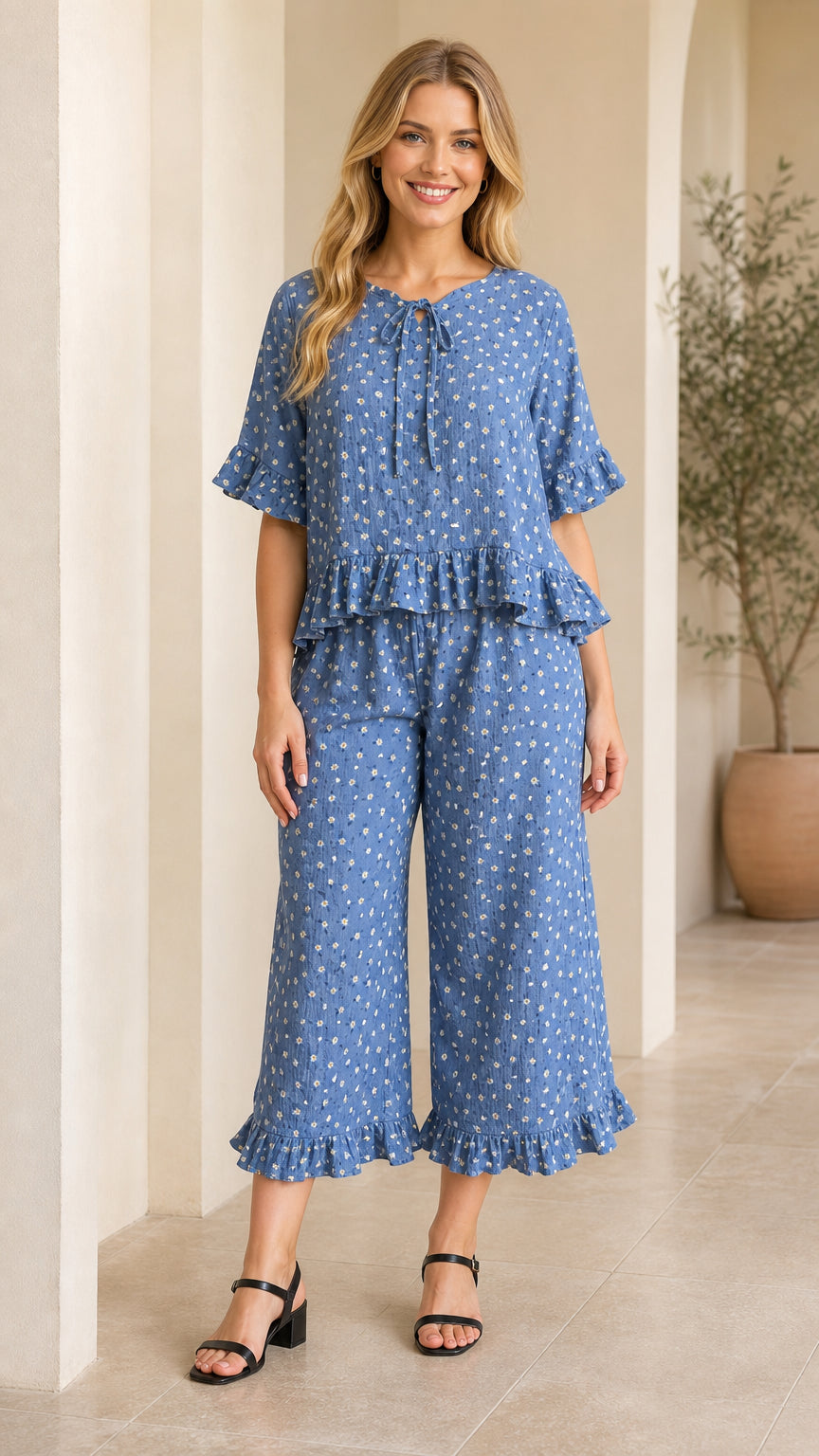 Front view of model wearing blue floral tie-neck ruffle top and cropped wide-leg pants set