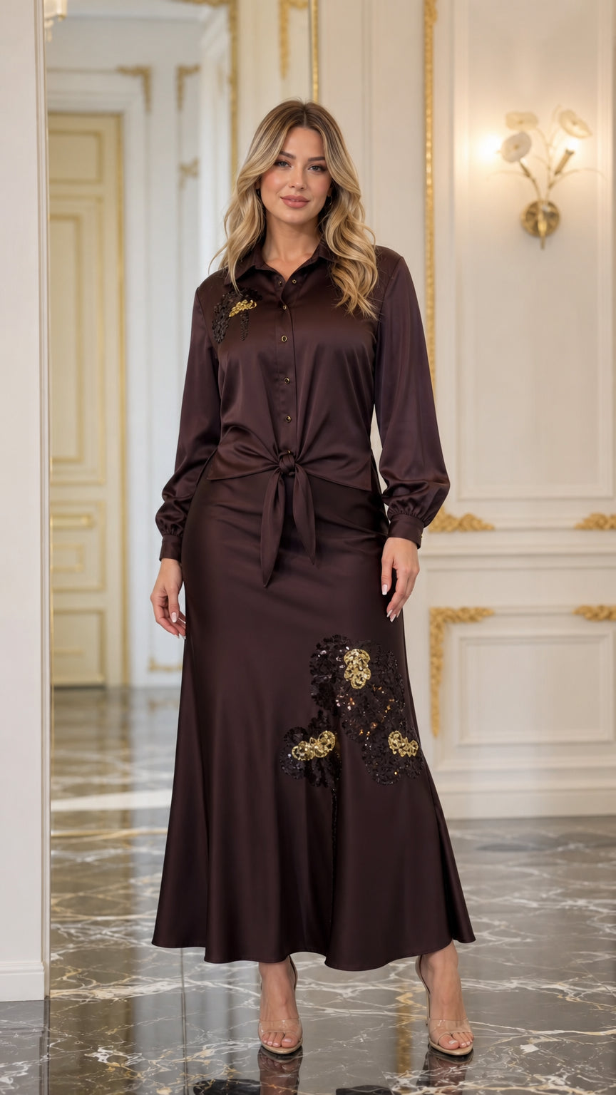 Front view of brown satin blouse and maxi skirt set