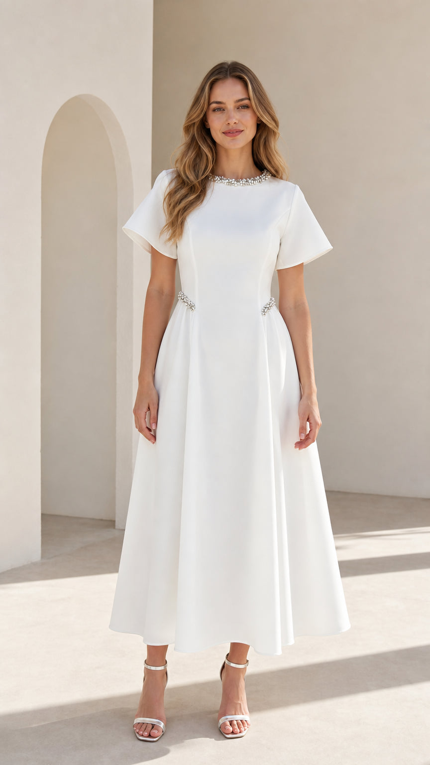 Front view of woman wearing white pearl embellished A-line midi dress with flutter sleeves
