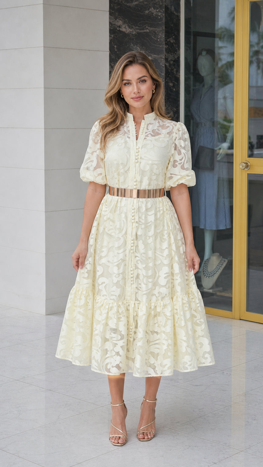 Front view of model wearing off-white lace midi dress