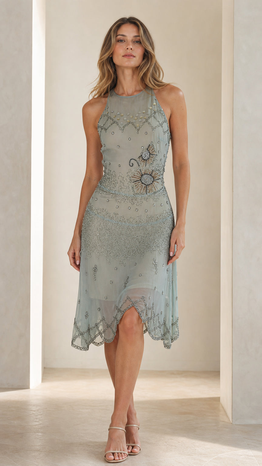 Front view of model wearing sage green embroidered halter midi dress