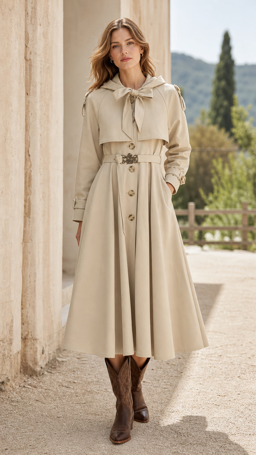 Front view of woman wearing beige hooded swing trench coat with boots