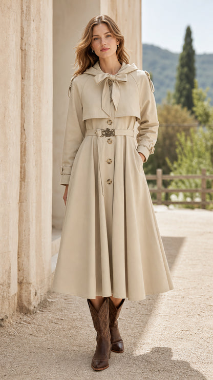 Front view of woman wearing beige hooded swing trench coat with boots
