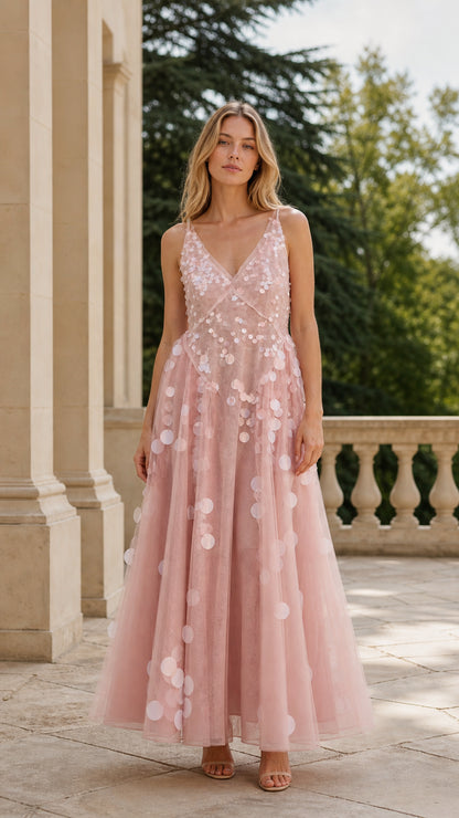 Front view of woman wearing pink sequin tulle maxi dress