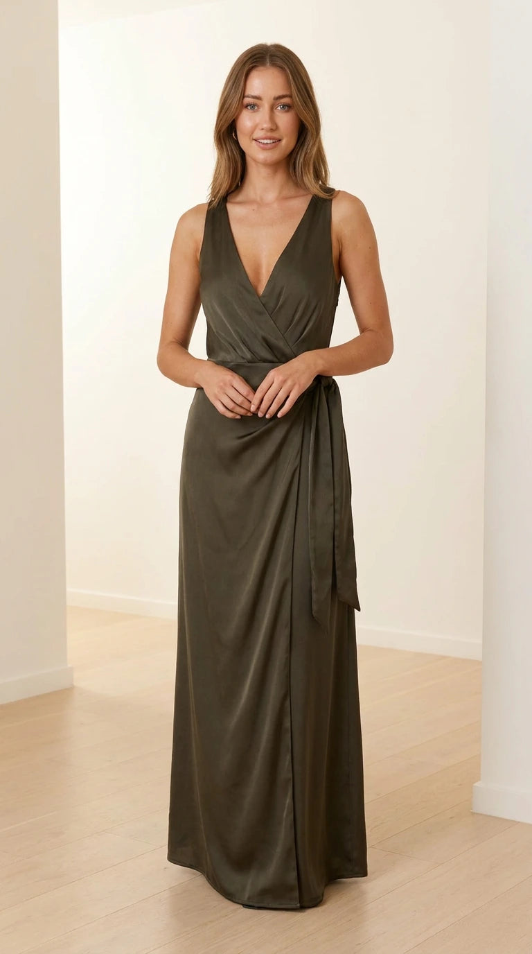 Front view of model wearing olive green V-neck wrap maxi dress
