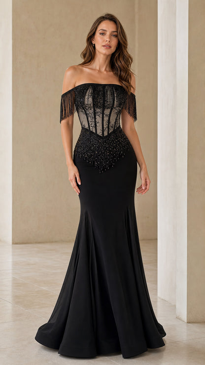 Front view of black off-shoulder beaded corset mermaid evening dress