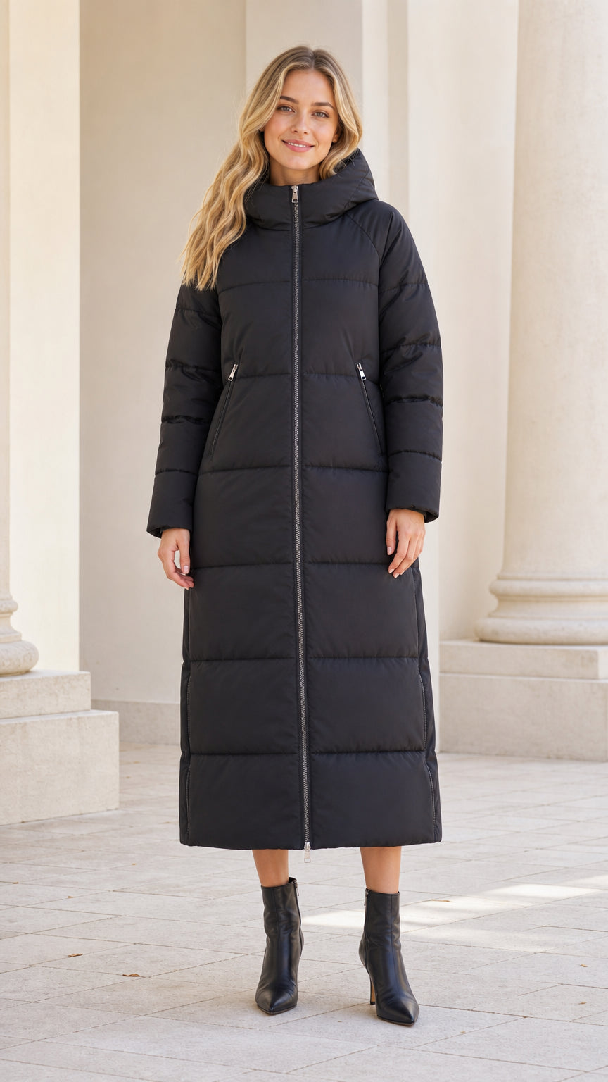 Front full-length view of model wearing black maxi hooded puffer coat with ankle boots