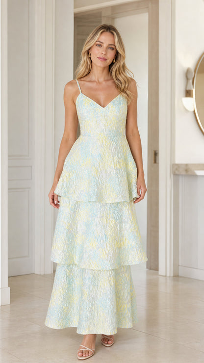 Front view of model wearing Light Blue Tiered Jacquard Maxi Dress