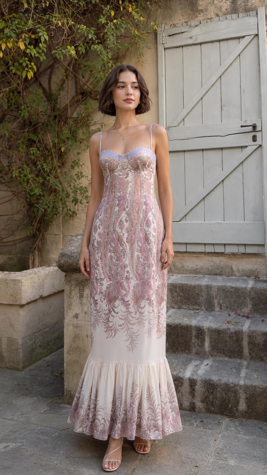 Front view of model wearing pink paisley maxi dress