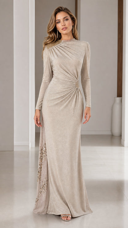 Champagne long sleeve shimmer evening gown with ruched waist front view