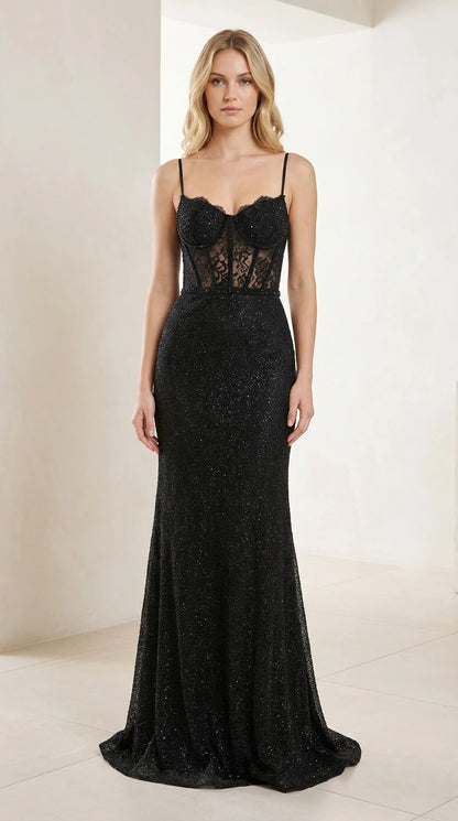 Front view of black beaded corset evening gown
