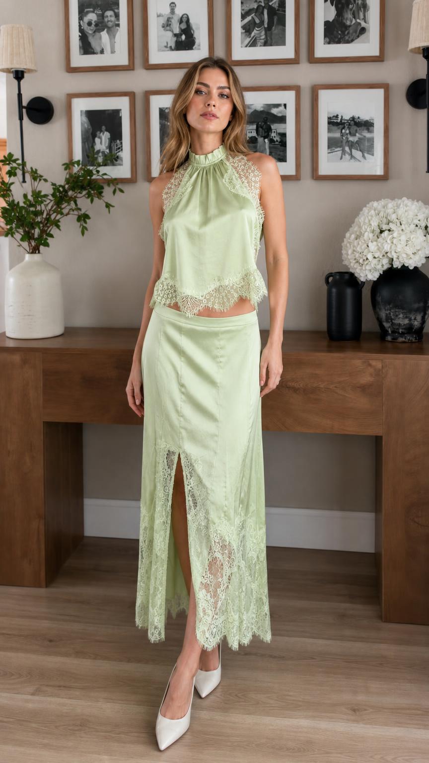 Sage Green Satin Lace Trim High Neck Crop Top and Midi Skirt Set Front View