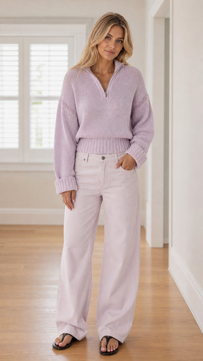 Front view of model wearing lavender half-zip knit sweater with wide-leg pants