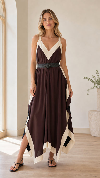 Model wearing Chocolate Brown V-neck handkerchief maxi dress with cream contrast trim and belt - front view