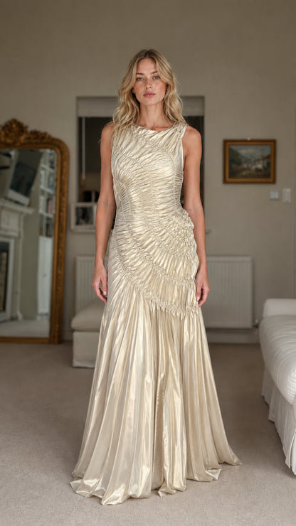 Front view of model wearing champagne ruched maxi dress