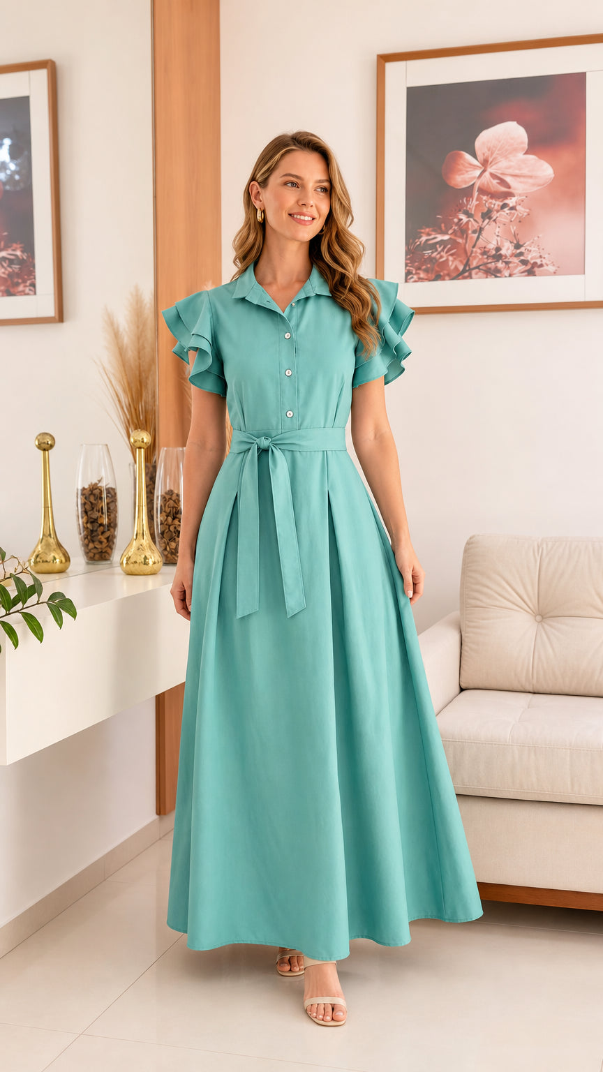 Woman wearing teal ruffle sleeve shirt dress front view