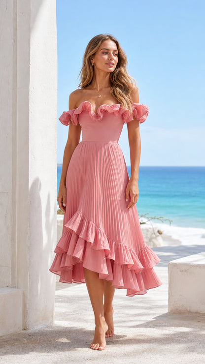 Front view of model wearing pink off-shoulder ruffle pleated midi dress