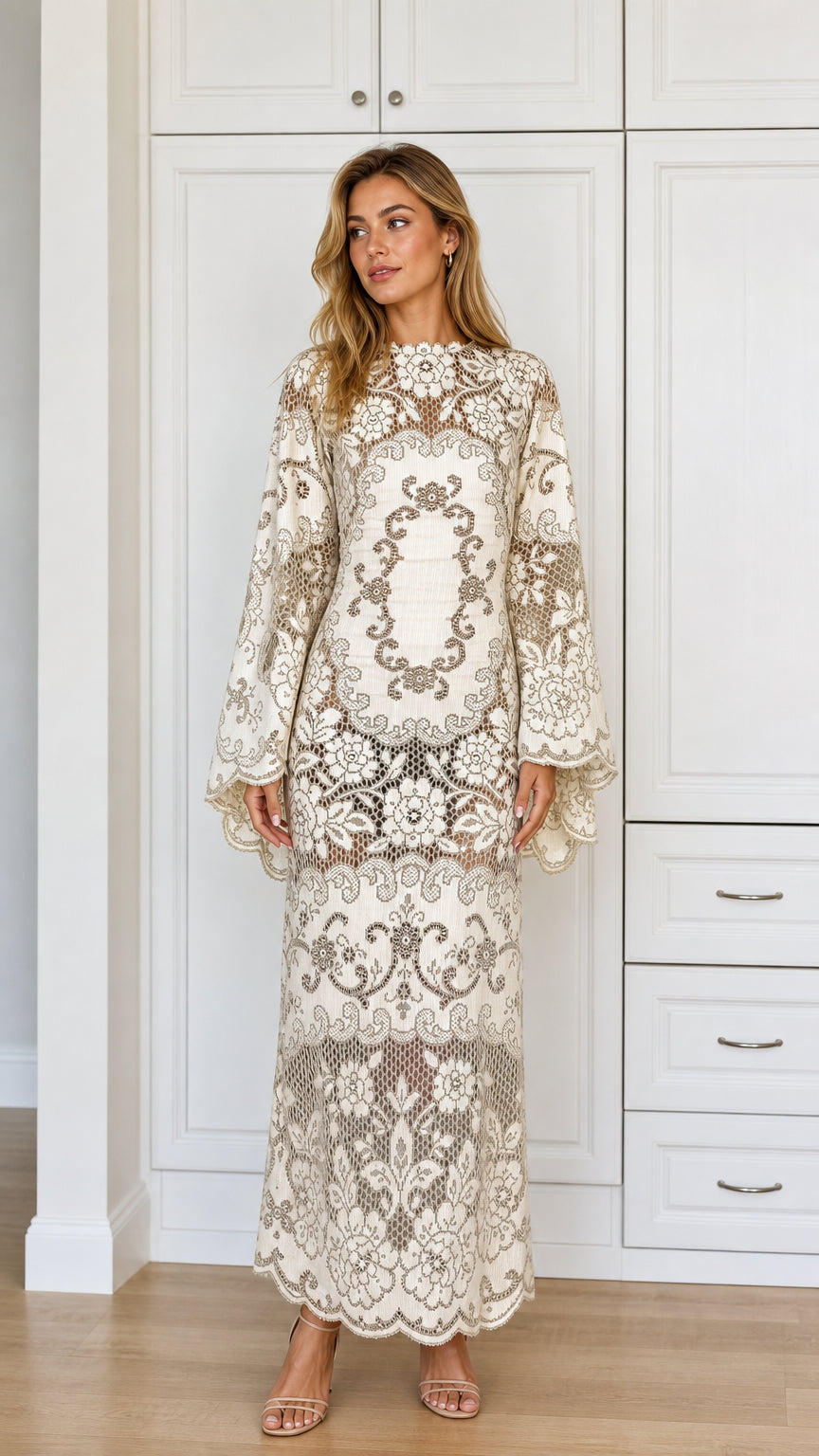 Front view of Cream long sleeve lace maxi dress