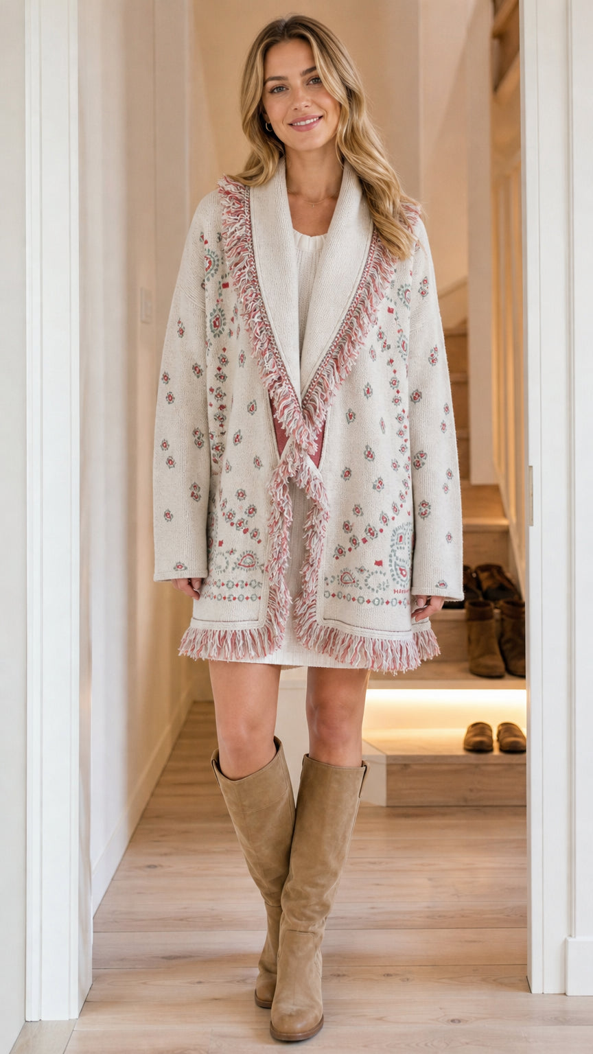 Front view of woman wearing cream bohemian jacquard fringe cardigan coat with tall boots